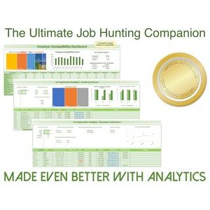 May include: A digital download of a spreadsheet template for job hunting. The template includes sections for employer compatibility, job application analytics, and document submission. The spreadsheet is designed to help job seekers track their progress and make informed decisions.