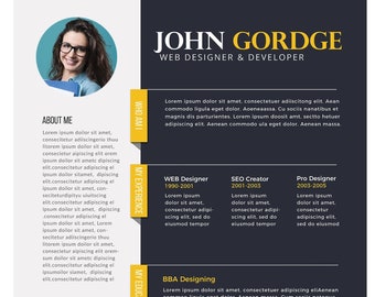 May include: A black and yellow resume template with a photo of a woman in the top left corner. The resume is for John Gorage, a web designer and developer. The resume includes sections for about me, my experience, my education, my skills, and contact information.