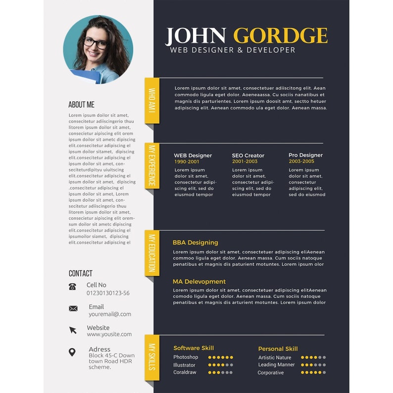 May include: A black and yellow resume template featuring a photograph of a woman in the top left corner. The resume is for John Gorage, a web designer and developer. It includes sections for about me, my experience, my education, my skills, and contact information.