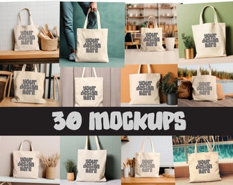 May include: A collection of 30 tote bag mockups featuring various backgrounds and settings. The bags are made of natural canvas and have the text "Your design here" printed on them in a gray font.