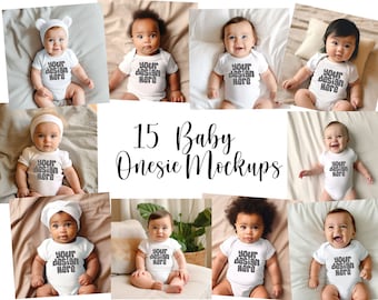 15 Maquetes de macacão de bebê branco Colete de bebê Maquete de pijama Maquete Modelo de raça mista Modelo diversificado Foto de estoque Maquete de camiseta infantil Baixar JPG