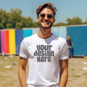 May include: A white t-shirt with the text "your design here" in a retro font.