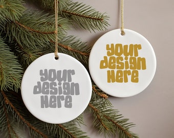 Christmas Mockup round white ceramic ornament blank white Holiday decoration mock-up front and back ornament mockup JPG Digital Download