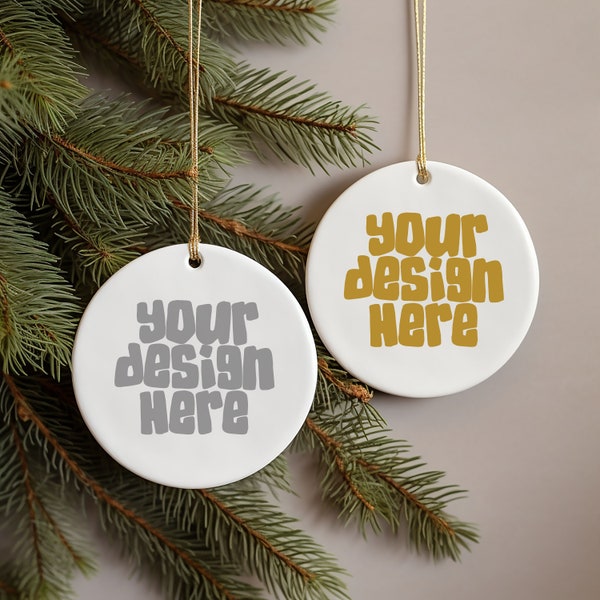 Christmas Mockup round white ceramic ornament blank white Holiday decoration mock-up front and back ornament mockup JPG Digital Download