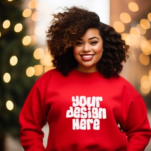 Red Gildan 18000 Mockup Plus Size Christmas Sweater Mockup Holiday Festive Sweatshirt Mockup Diverse Holiday Crewneck JPG Digital Download