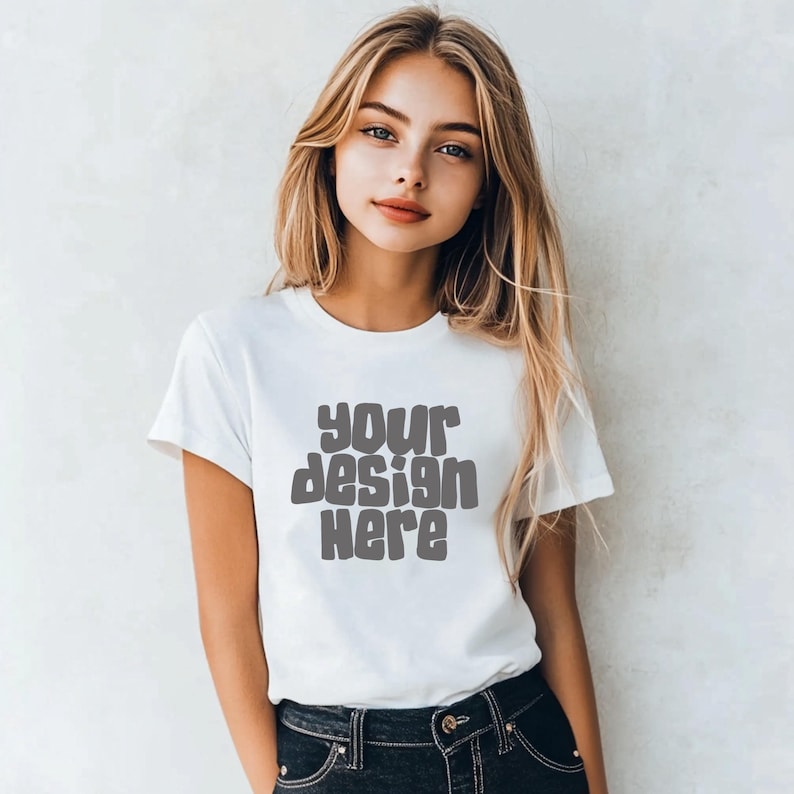Może przedstawiać: Biała koszulka z napisem "your design here" w szarym kolorze, czcionką w stylu retro.