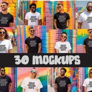 May include: Thirty mockups of t-shirts with the text "your design here" on a colorful graffiti background.