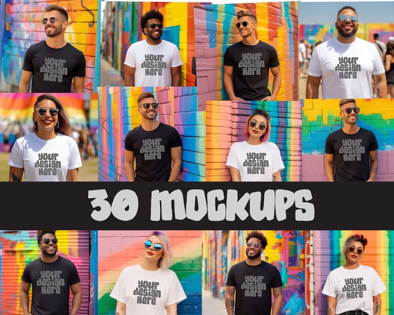 May include: Thirty mockups of t-shirts with the text "your design here" on a colorful graffiti background.