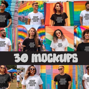 May include: A collection of 30 t-shirt mockups featuring various people wearing different colored t-shirts with the text "Your Design Here" printed on them. The mockups are set against a colorful background of rainbow stripes.