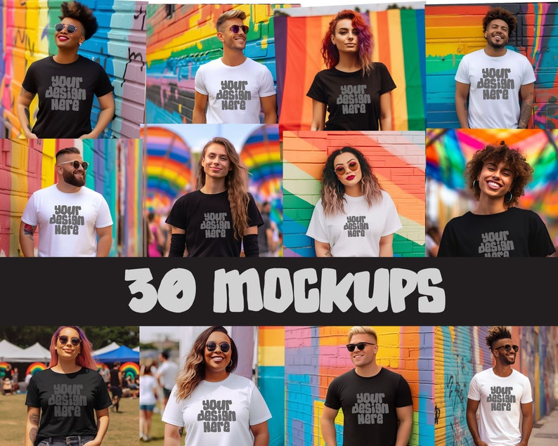 May include: A collection of 30 t-shirt mockups featuring various people wearing different colored t-shirts with the text "Your Design Here" printed on them. The mockups are set against a colorful background of rainbow stripes.