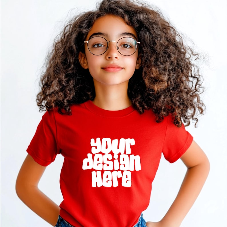 Może przedstawiać: Młoda osoba w czerwonej koszulce z napisem "your design here" w kolorze białym. Osoba nosi okulary okrągłe i ma kręcone włosy.