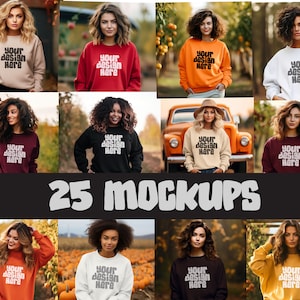 25 x Fall Mockups Orange Gildan 18000 Mockups Diverse Model Sweatshirt Mockup Crewneck Apparel Autumn Sweater Mockup JPG Descarga digital
