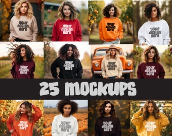 25 x Fall Mockups Orange Gildan 18000 Mockups Diverse Model Sweatshirt Mockup Crewneck Apparel Autumn Sweater Mockup JPG Digital Download