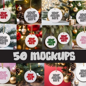 50 x Christmas Mockup round white ceramic ornament blank white Holiday decoration mock-up festive ornament mockup JPG Digital Download