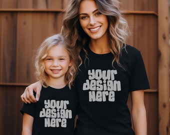 Mamá y yo Maqueta de camiseta negra Mamá y yo Maqueta de camiseta Maqueta de hija de familia 3001 Modelo Foto de stock Maqueta de camiseta para niños pequeños Descargar JPG