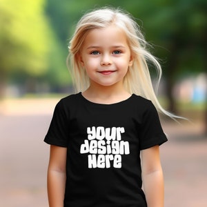 May include: A young girl wearing a black t-shirt with the text "your design here" printed in white.