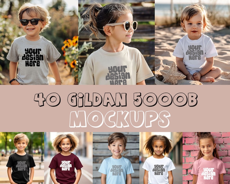 May include: A collection of 40 Gildan 5000B youth t-shirt mockups in various colors and designs. The shirts are shown on children in different settings, including outdoors, indoors, and in urban environments. The text "Your design here" is displayed on each shirt.