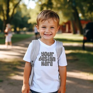 Kids White Tshirt Mockup Back to school Shirt Mock-up First day of school mockup Child Model Stock Photo Toddler Tee Mockup JPG Download