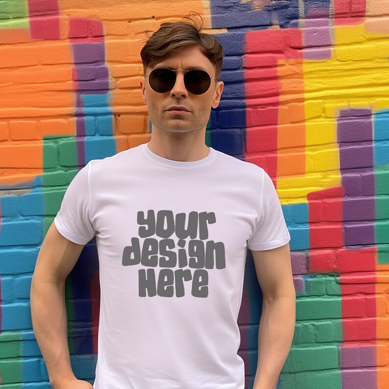 May include: A white t-shirt with the text "your design here" in a gray, stylized font. The person wearing the shirt is standing in front of a colorful brick wall.
