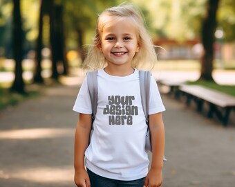 May include: A young person wearing a white t-shirt with the text "your design here" in gray letters. The person is standing outdoors in a park setting.