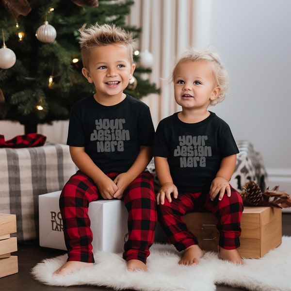 Kids Black Tshirt Mockup White 3001 Bella Canvas Christmas Shirt Mock-up Family Pyjamas PJs Mockup Holiday Child Toddler Tee JPG Download