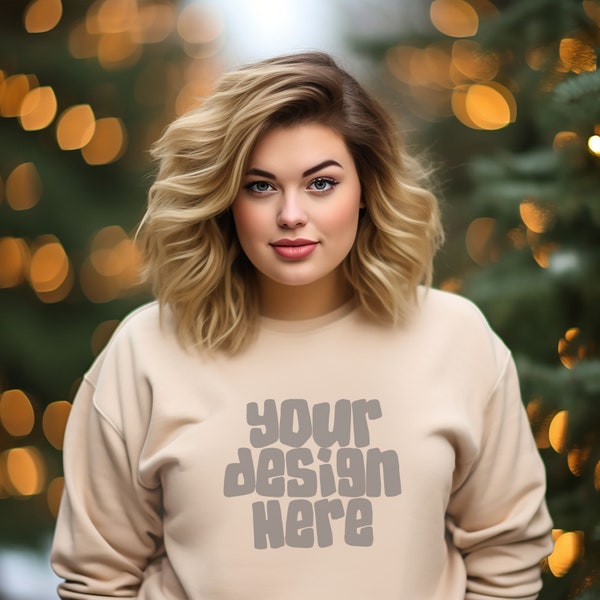 Sand Christmas Sweater Mockup Gildan 18000 Mockups Plus Size Model Sweatshirt Mockup Crewneck Apparel Fall Sweater JPG Digital Download