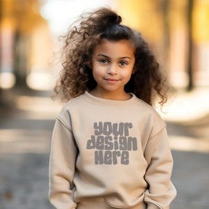 Sand Gildan 18000b Mockup Girls Toddler Jumper Mockup Kids Beige Sweatshirt Mockup Holiday Crewneck Sweater JPG Digital Download