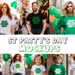 May include: Mockups of various t-shirts and sweatshirts with the text "Your design here" in green lettering. The shirts are displayed on models against a backdrop of green, white, and orange balloons.