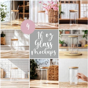 Puede incluir: Nueve tarros de vidrio de 473 ml con tapas de madera y pajitas transparentes. Los tarros están dispuestos en una cuadrícula sobre una variedad de superficies, incluyendo madera, azulejos y mimbre.