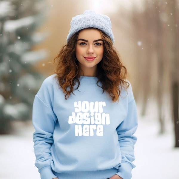 Light Blue Gildan 18000 Mockup Christmas Sweatshirt Mockup Holiday Mockup Winter Christmas Crewneck Apparel POD Mockup JPG Digital Download