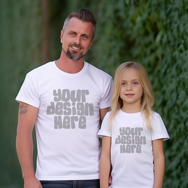 Daddy and me White Tshirt Mockup Father's Day Shirt Mock-up Mixed Race Model Diverse Model Stock Photo Toddler Tee Mockup JPG Download
