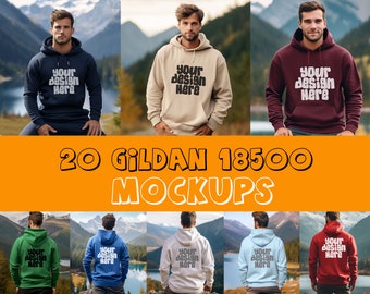 20 x  Mens Gildan 18500 Hoodie Mockups Gildan 18500 Sweatshirt Front and Back Mockups Crewneck Apparel Sweater Mockup JPG Digital Download