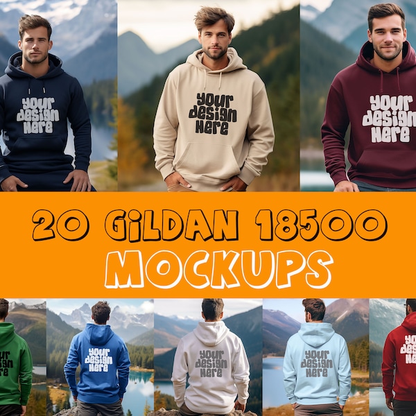 20 x  Mens Gildan 18500 Hoodie Mockups Gildan 18500 Sweatshirt Front and Back Mockups Crewneck Apparel Sweater Mockup JPG Digital Download