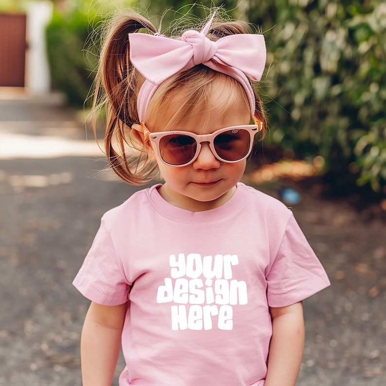May include: A young child wearing a pink t-shirt with the text "your design here" in white. The child is also wearing pink sunglasses and a pink bow headband.