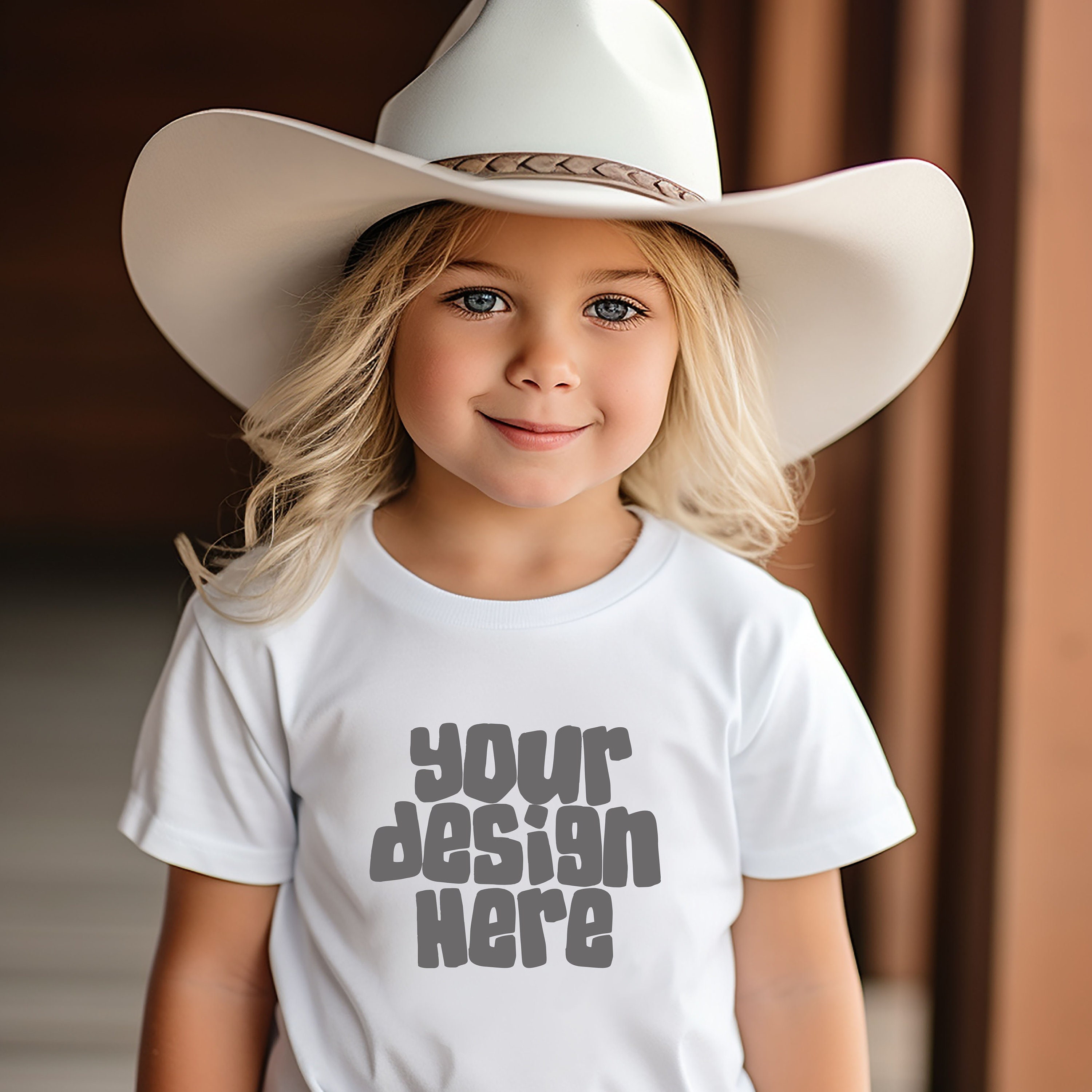 Camiseta infantil branca maquete Bella Canvas 3001Y Wild West Cowgirl Cowboy camisa maquete modelo infantil foto de estoque maquete de camiseta infantil download JPG
