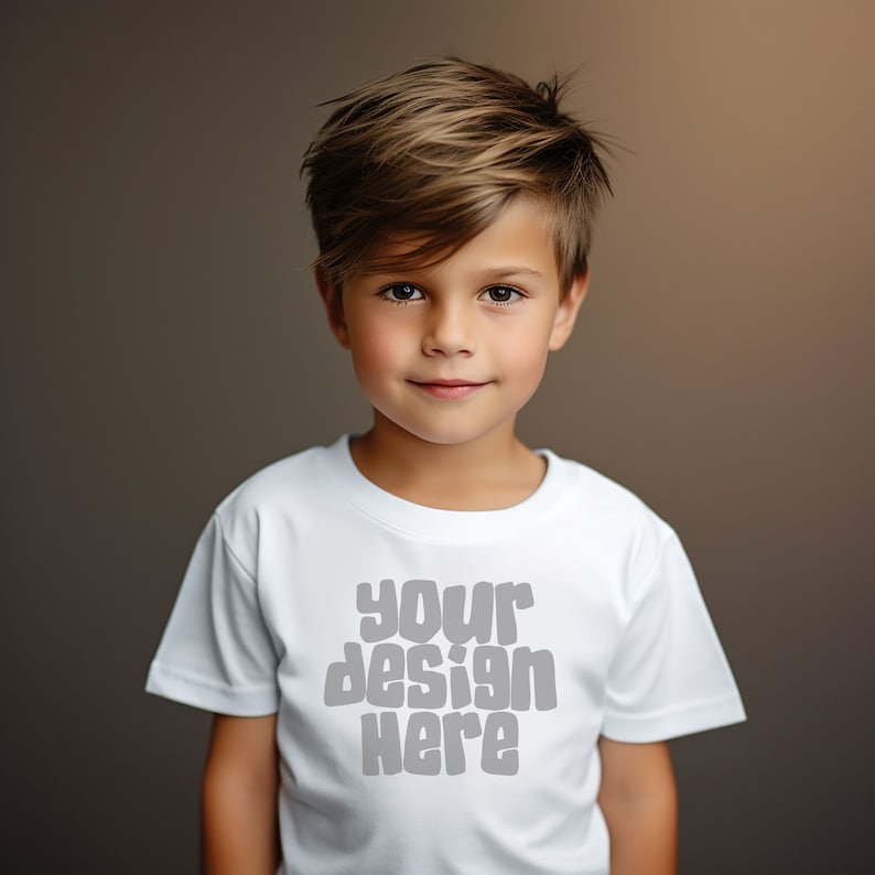 May include: A young person wearing a white t-shirt with the text "your design here" printed on the front.