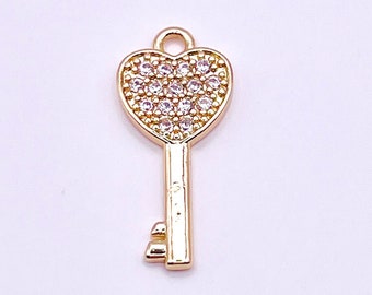 14K Gold Plated Heart Shape Key Charm with Natural Zircon Diamond / 1 pc