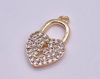 14K Gold Plated Love Lock Charm with Natural Zircon Diamond / 1 pc