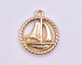 3 pcs 14K Gold Plated Round Sailboat Charm