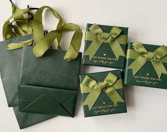 3 ensembles de boîte-cadeau de bijoux avec nœud en ruban vert avec sac en papier | Ensemble d'emballage de bijoux | Coffret cadeau élégant pour vos bijoux faits à la main