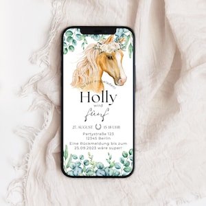 Invitación de cumpleaños de caballo digital para niños, personalizable | Tarjeta electrónica WhatsApp | Invitación caballo eucalipto niña | Invitación de cumpleaños
