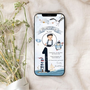 Convite aniversário infantil digital marítimo mar marinheiro navio farol personalizável | Cartão eletrônico WhatsApp | E-card primeiro aniversário