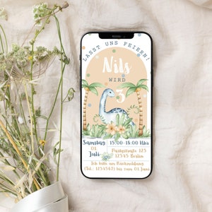 Dinossauro digital do convite do aniversário das crianças customizável de <br> Entrega Rápida? Cartão eletrônico WhatsApp | Menina do menino do convite | Convite de aniversário Boho