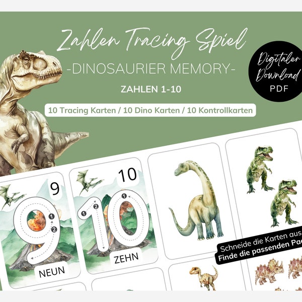 Dino Zahlen Tracing Memory Spiel Download | Zahlen 1-10 | Frühförderung Schwungübung PDF Download | Vorschule Zahlen Tracing zum Ausdrucken