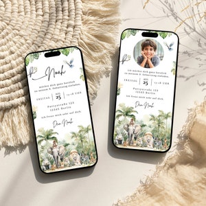 Verjaardagsuitnodiging voor kinderen digitale safarifoto aanpasbare e-card Safari WhatsApp jungle uitnodiging jongen meisje geanimeerde uitnodiging