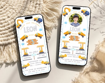 Einladung Kindergeburtstag digital Baustelle Bagger personalisiert | E-Card WhatsApp | Einladung Junge | Einladung optional mit Foto Kinder