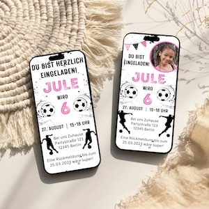 Foto de futebol de aniversário infantil de convite digital personalizável | Cartão eletrônico WhatsApp | Futebol da menina do convite | Convite de aniversário