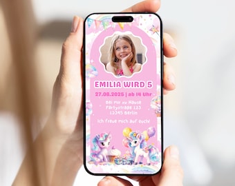 Einladung Kindergeburtstag digital Einhorn Foto personalisierbar E-Card Einhorn WhatsApp Einhorn Einladung Mädchen animierte Einladung