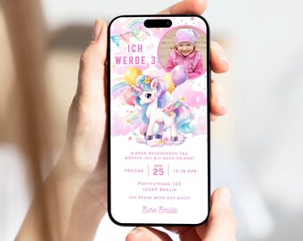 Einladung Kindergeburtstag digital Einhorn Foto personalisierbar E-Card Einhorn WhatsApp Einhorn Einladung Mädchen E-Card