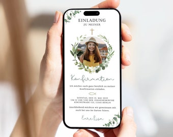 Digital Invitation Confirmation Girl Boy Eucalyptus | Ecard Communion Confirmation WhatsApp personalized | Ecard communion photo fish